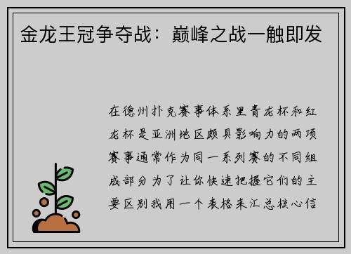 金龙王冠争夺战：巅峰之战一触即发